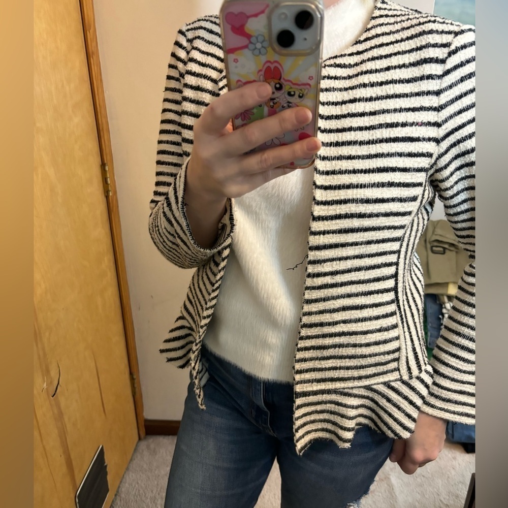 Anthropologie Dolan Coastal Striped Textured Open Front Peplum Hem Blazer